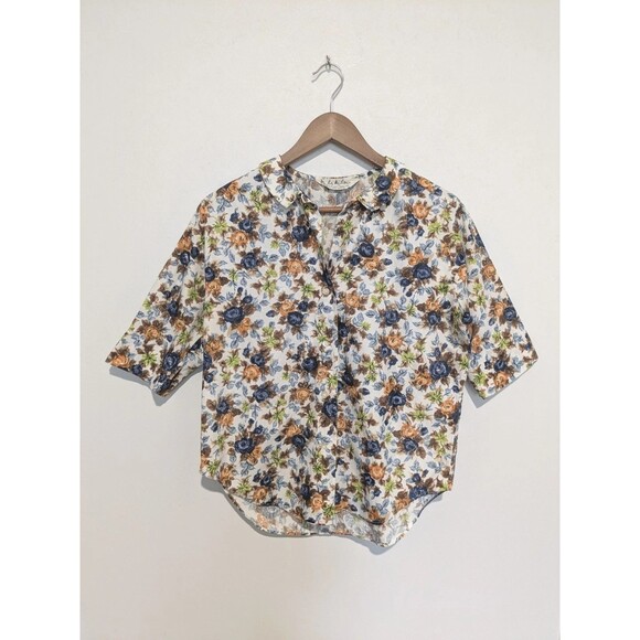 Vintage Lady Manhattan Shirt 50s 60s Button Up Collar Blouse Roses Cotton B44 L - Picture 2 of 8